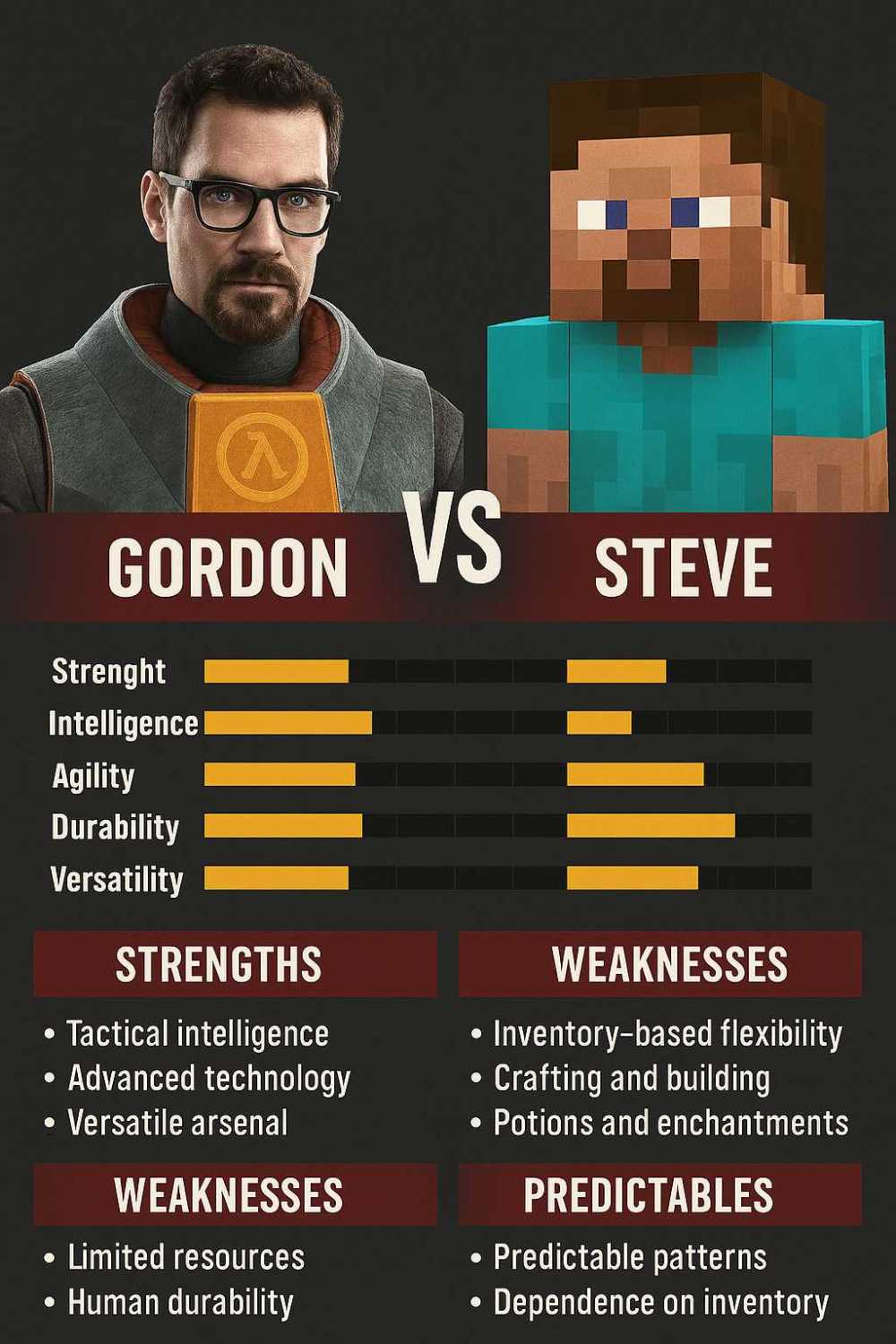 Kartu pertarungan Steve vs Gordon